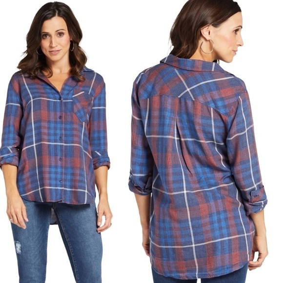 Anthropologie Cloth & Stone Aurora Plaid Button Down Red Blue small style B2808 - Picture 12 of 12